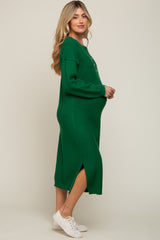 Hunter Green Waffle Knit Button Long Sleeve Maternity Midi Dress