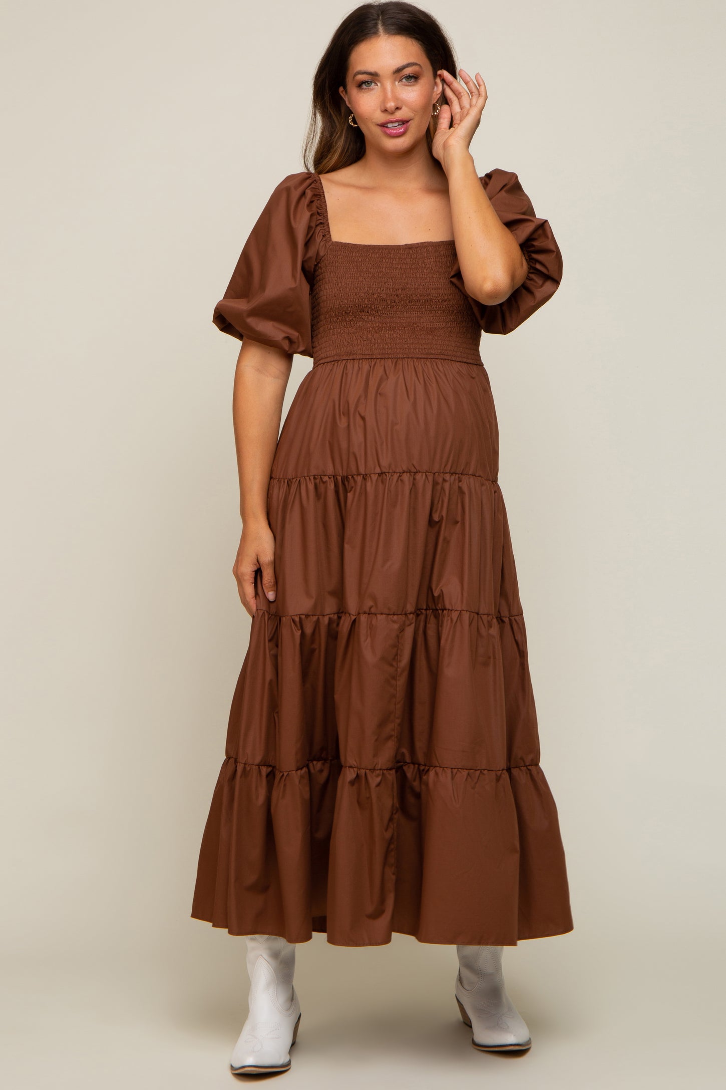 Brown Square Neck Smocked Puff Short Sleeve Tiered Maternity Midi Dress