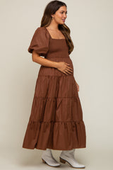 Brown Square Neck Smocked Puff Short Sleeve Tiered Maternity Midi Dress