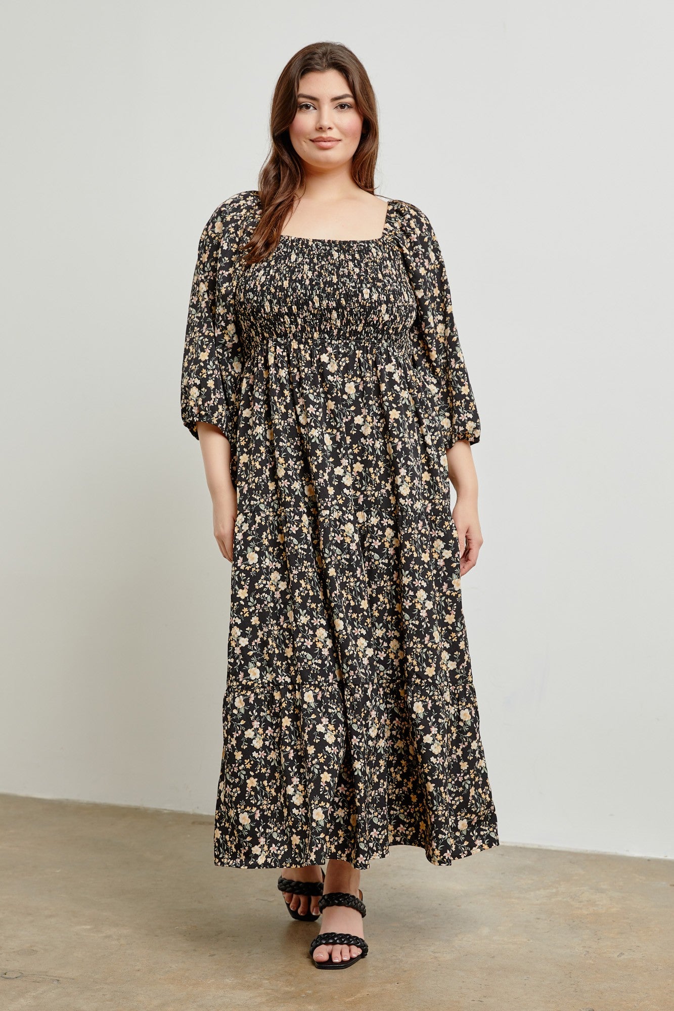 Black Floral Smocked Tiered Plus Maxi Dress