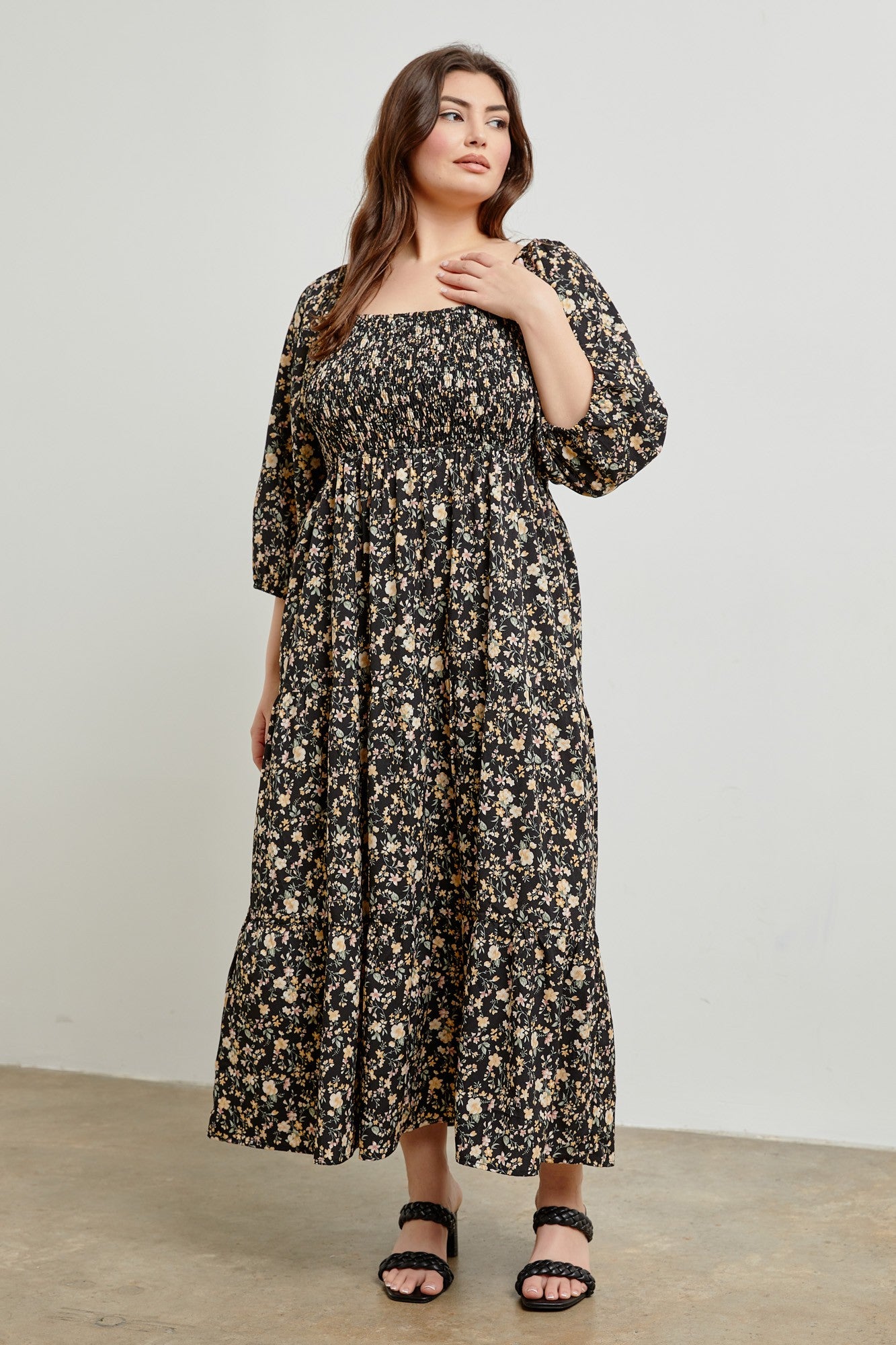 Black Floral Smocked Tiered Plus Maxi Dress