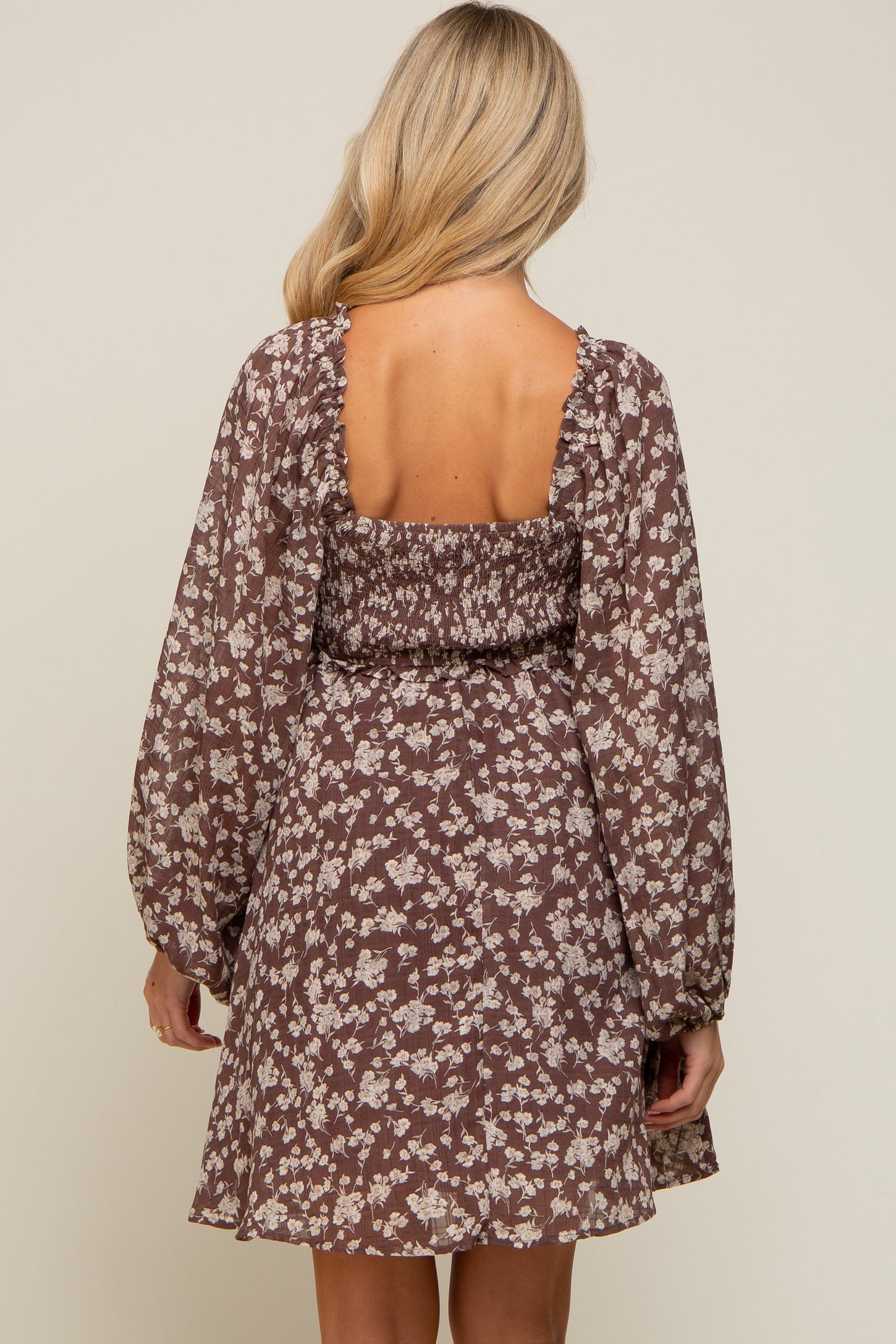 Brown Floral Long Puff Sleeve Maternity Dress