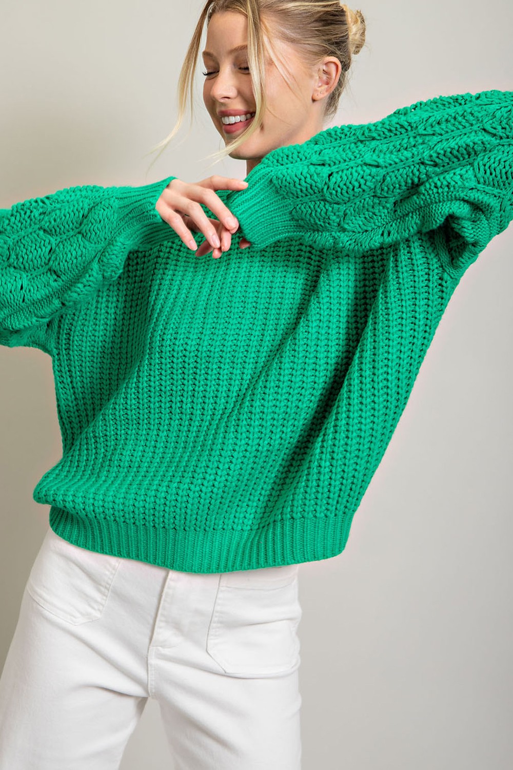 Green Cable Knit Sleeve Sweater
