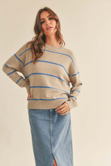 Taupe Striped Basic Sweater