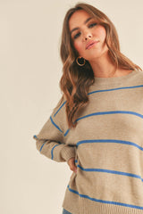 Taupe Striped Basic Sweater