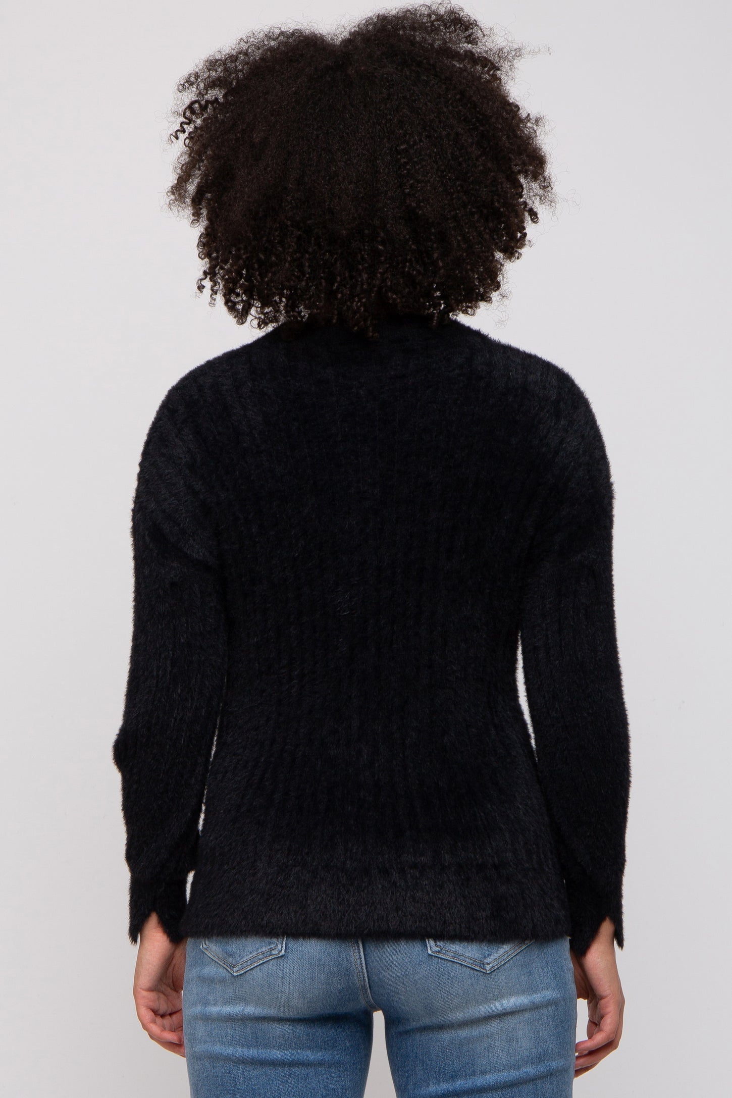 Black Fuzzy Ribbed Knit Sweater