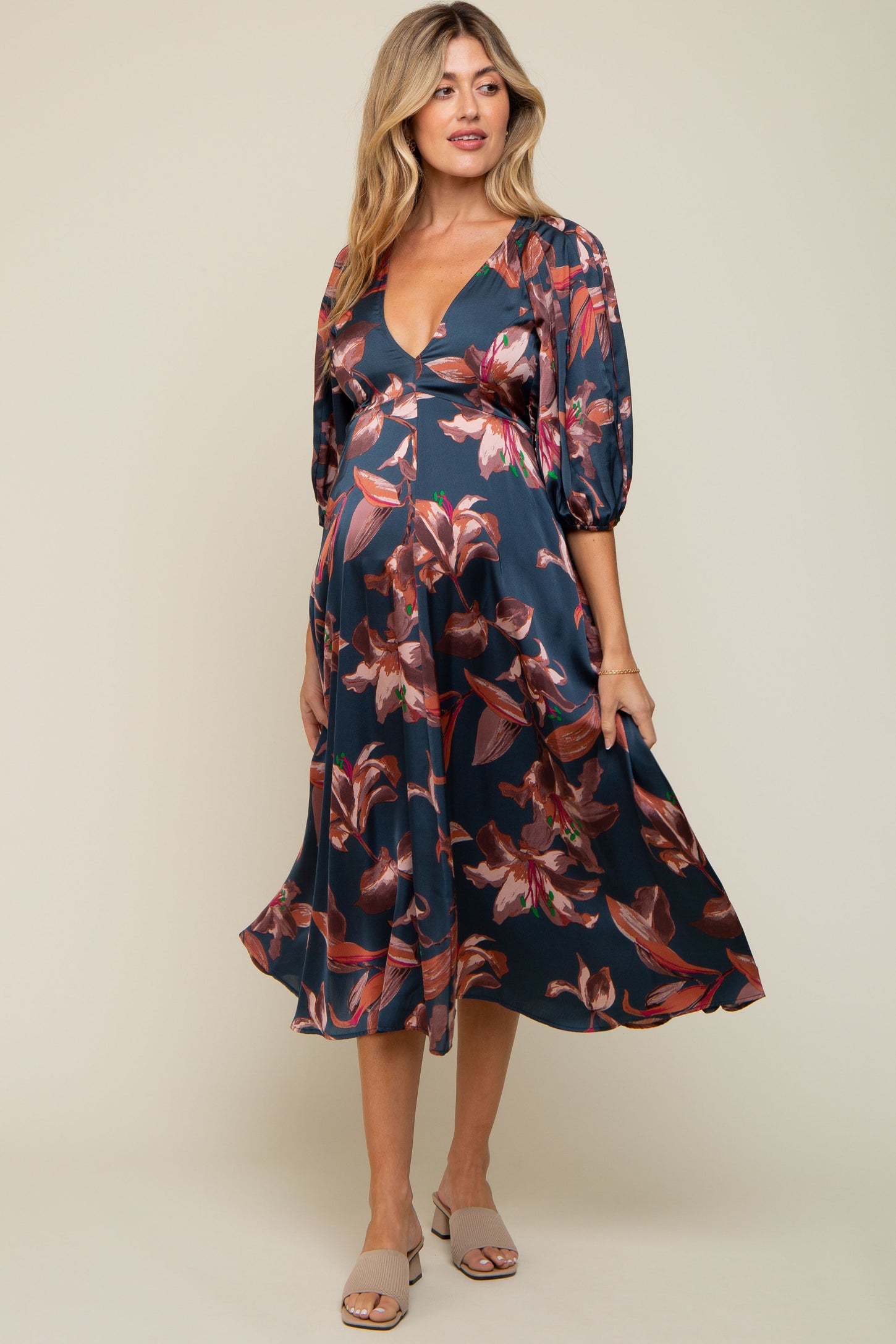 Navy Leaf Print Front Tie 3/4 Sleeve Maternity Dress main image 1