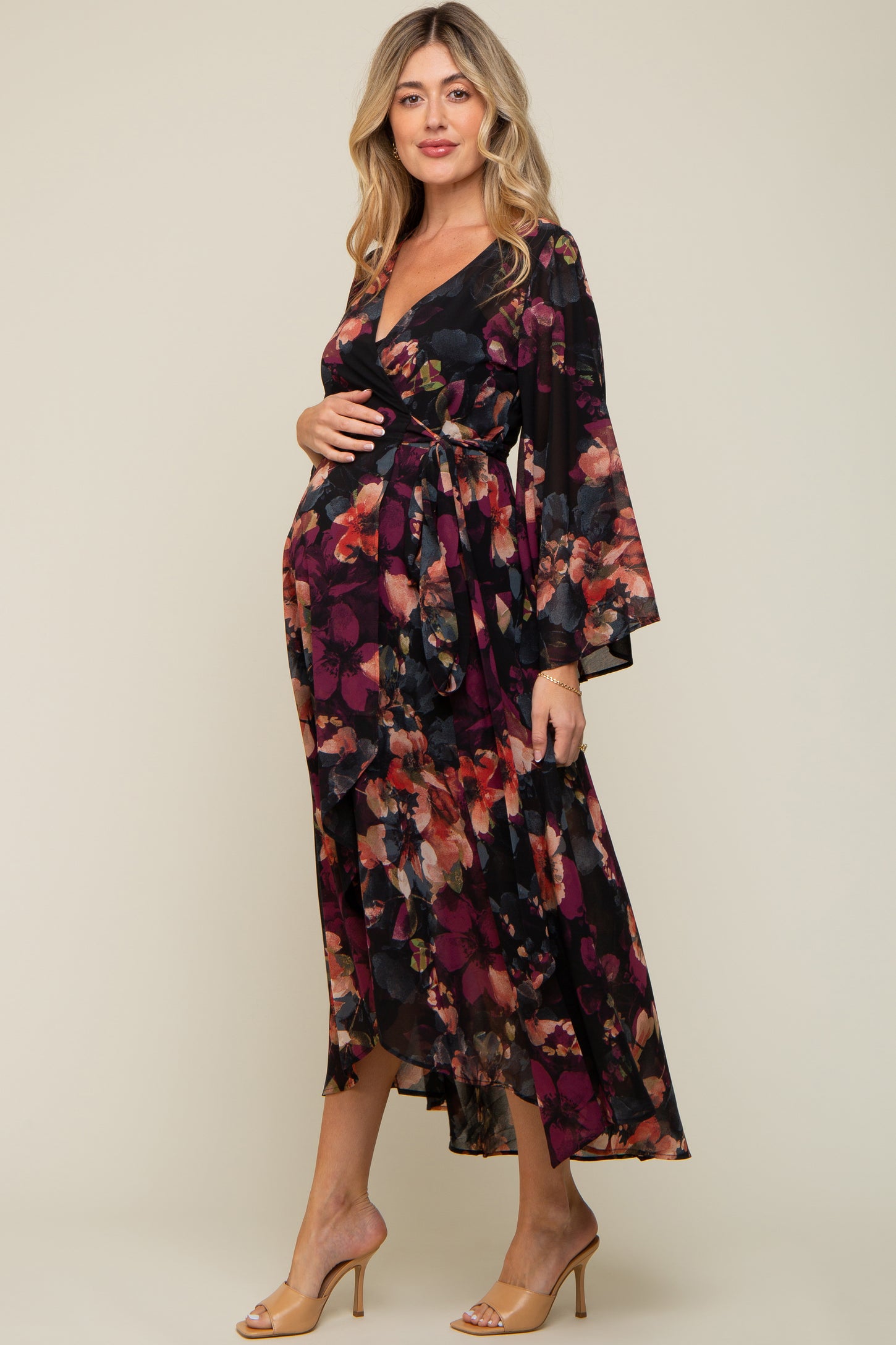Burgundy Floral Chiffon Wrap Front Hi-Low Maternity Dress – PinkBlush
