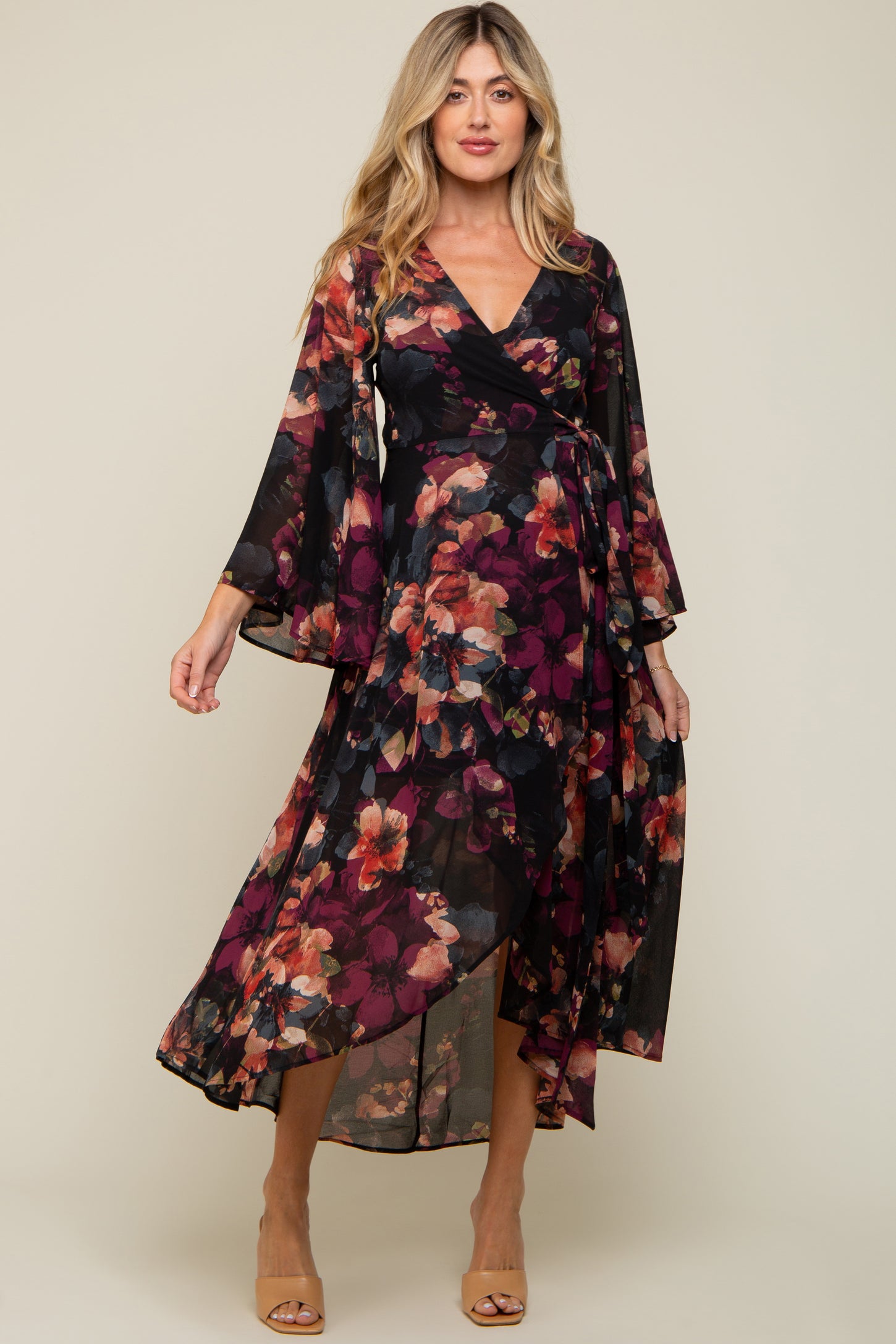 Burgundy Floral Chiffon Wrap Front Hi-Low Maternity Dress PinkBlush Burgundy Floral Chiffon Wrap Front Hi-Low Maternity Dress PinkBlush