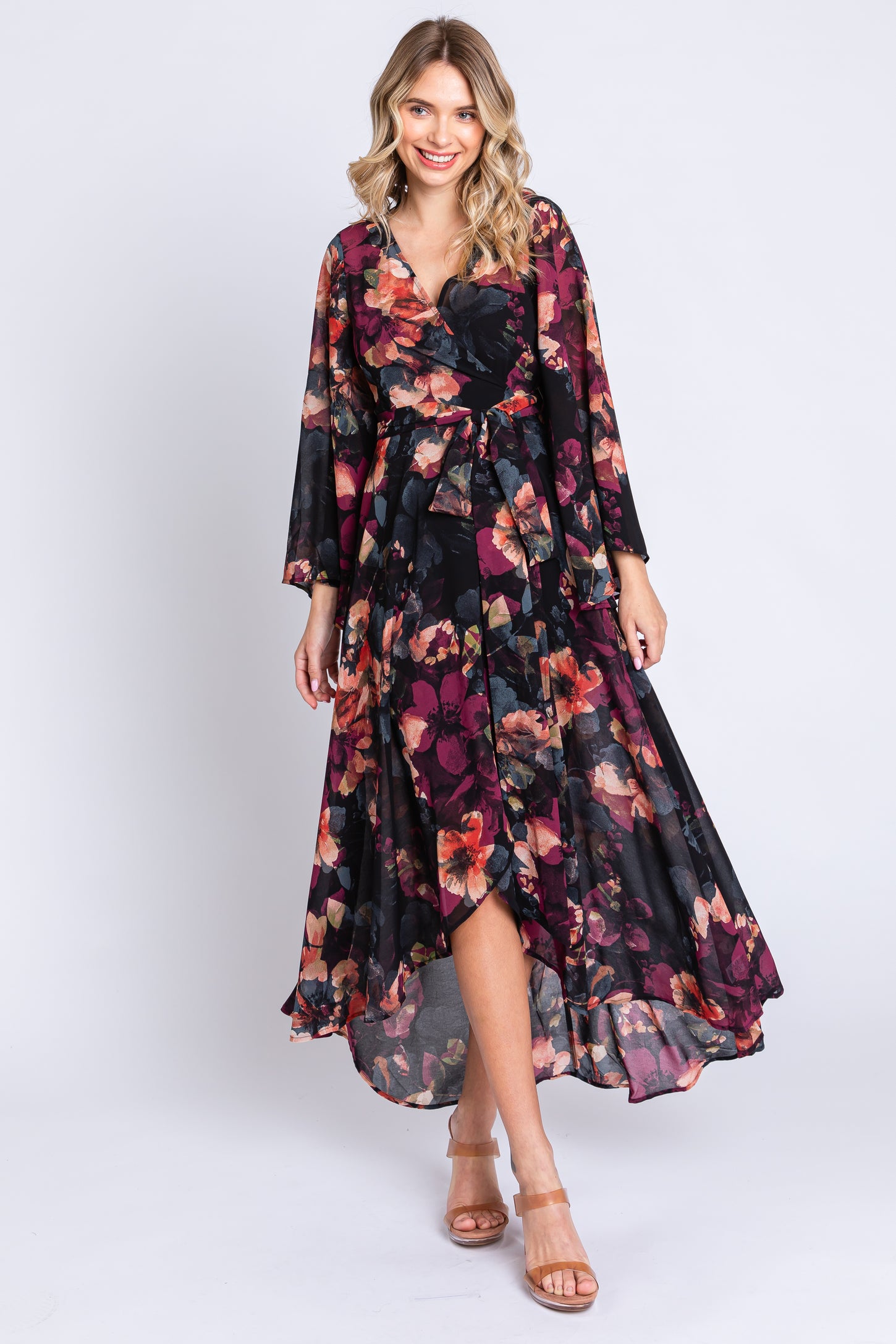 Burgundy Floral Chiffon Wrap Front Hi-Low Dress – PinkBlush