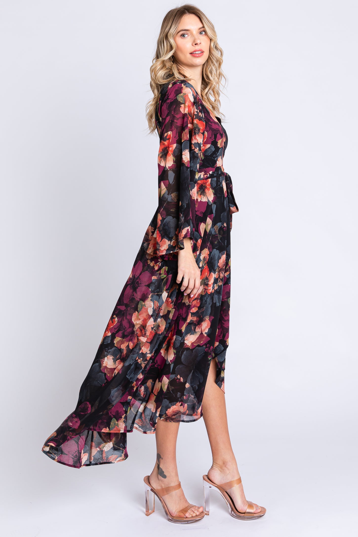 Burgundy Floral Chiffon Wrap Front Hi-Low Dress PinkBlush Burgundy Floral Chiffon Wrap Front Hi-Low Dress PinkBlush
