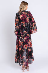 Burgundy Floral Chiffon Wrap Front Hi-Low Dress