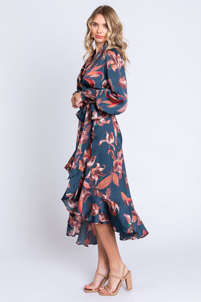Dark Teal Satin Asymmetrical Flounce Trim Midi Dress – PinkBlush