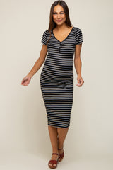 Black Striped Ribbed Fitted Maternity Midi Dress