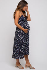 Black Floral Ruffle Accent Maternity Midi Dress