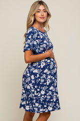 Navy Blue Floral Short Sleeve Maternity Dress