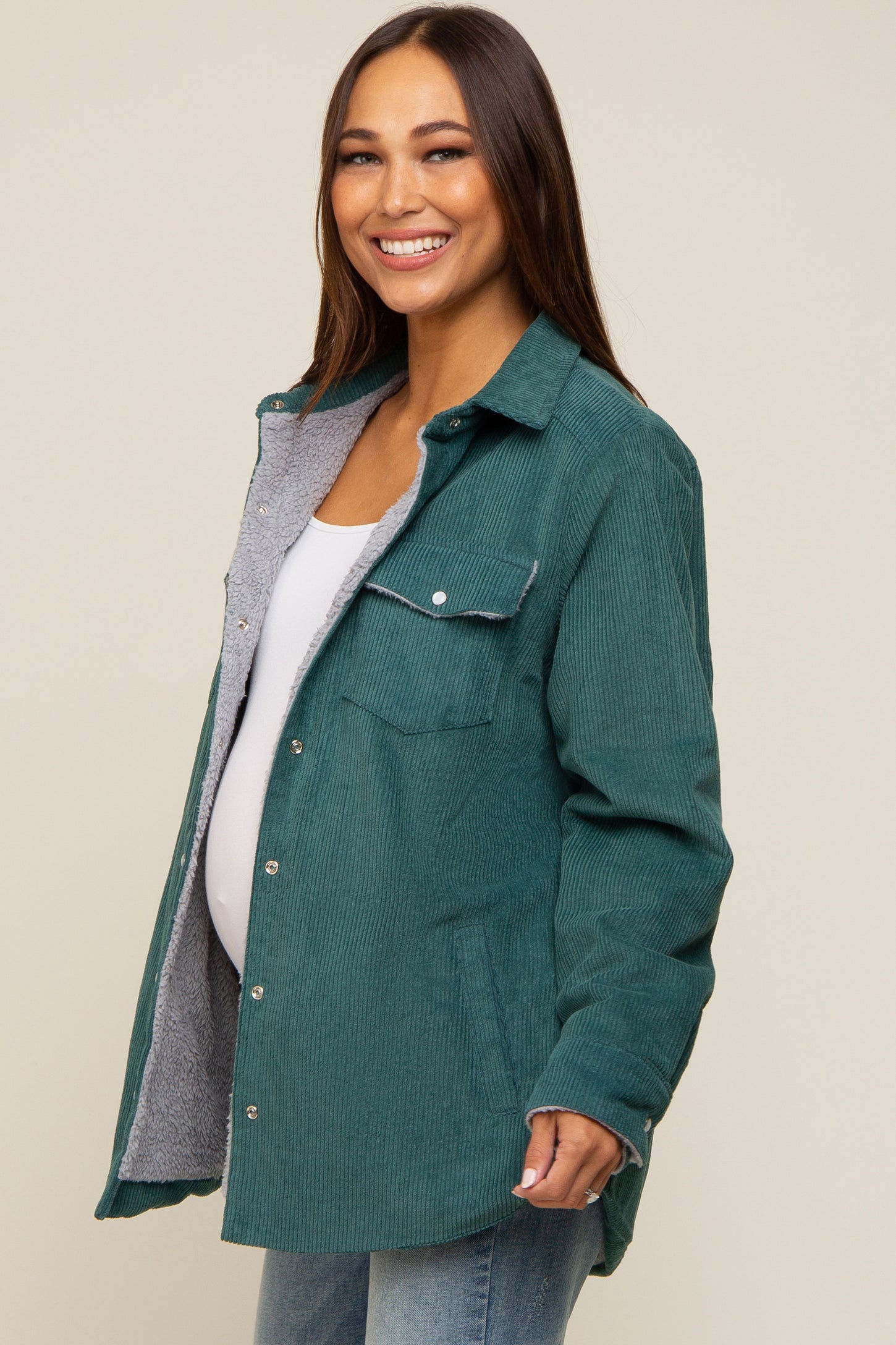 Forest Green Corduroy Sherpa Lined Maternity Shacket