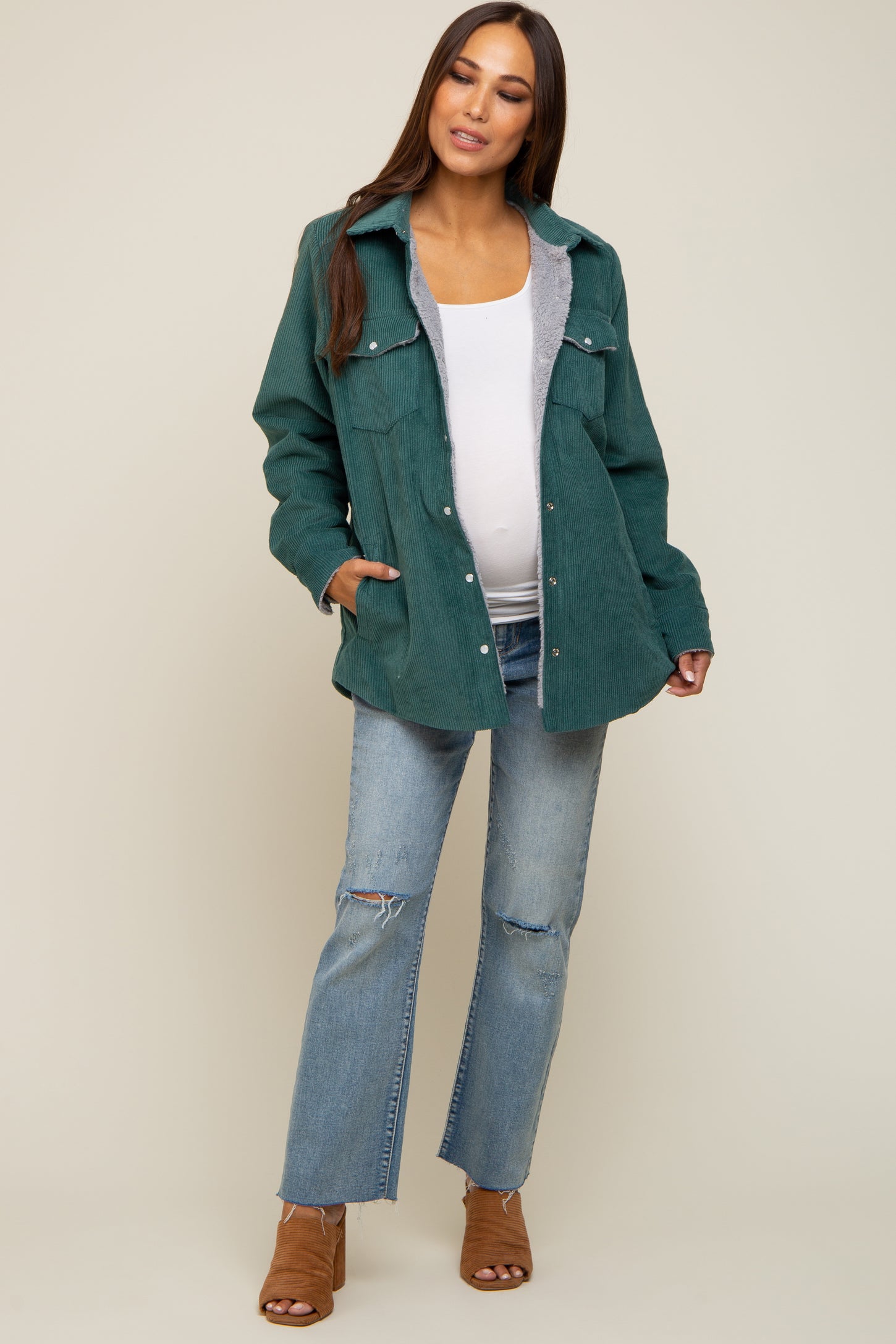 Forest Green Corduroy Sherpa Lined Maternity Shacket