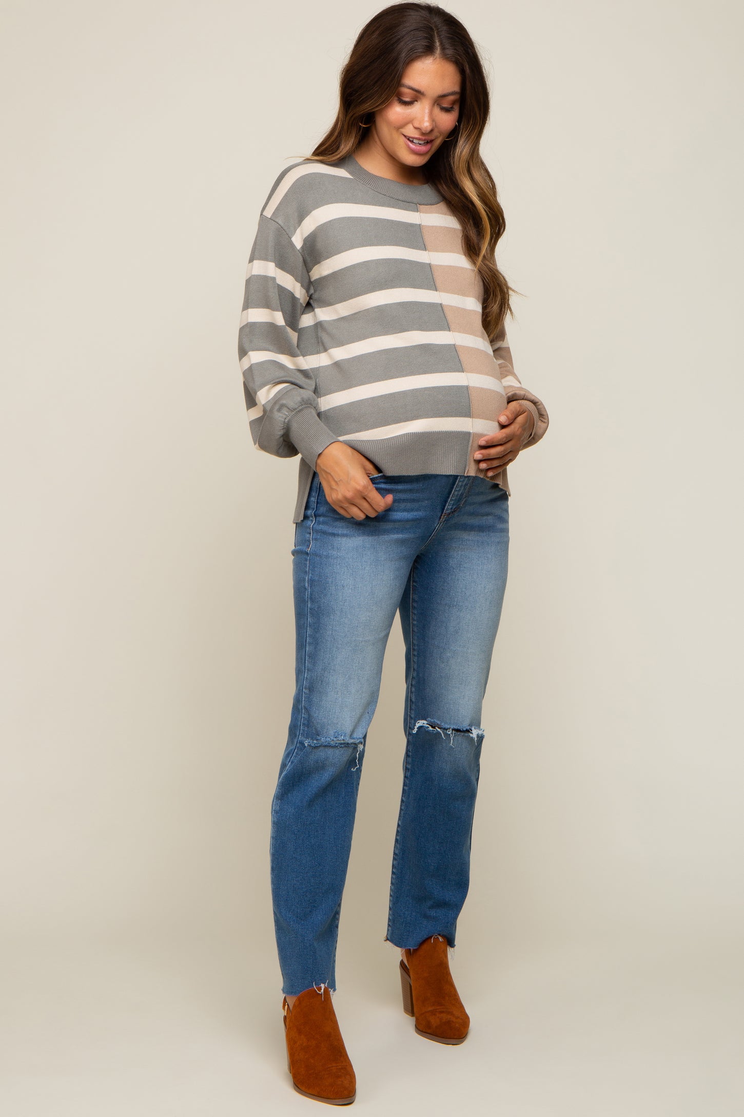 Taupe Striped Colorblock Maternity Knit Top