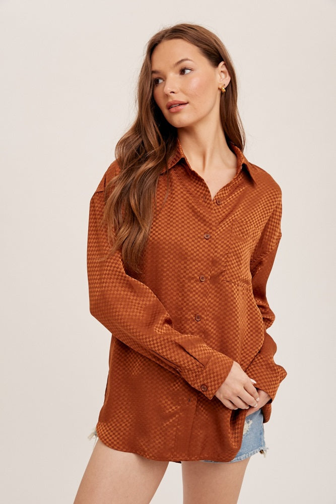 Rust Satin Checkered Print Blouse – PinkBlush