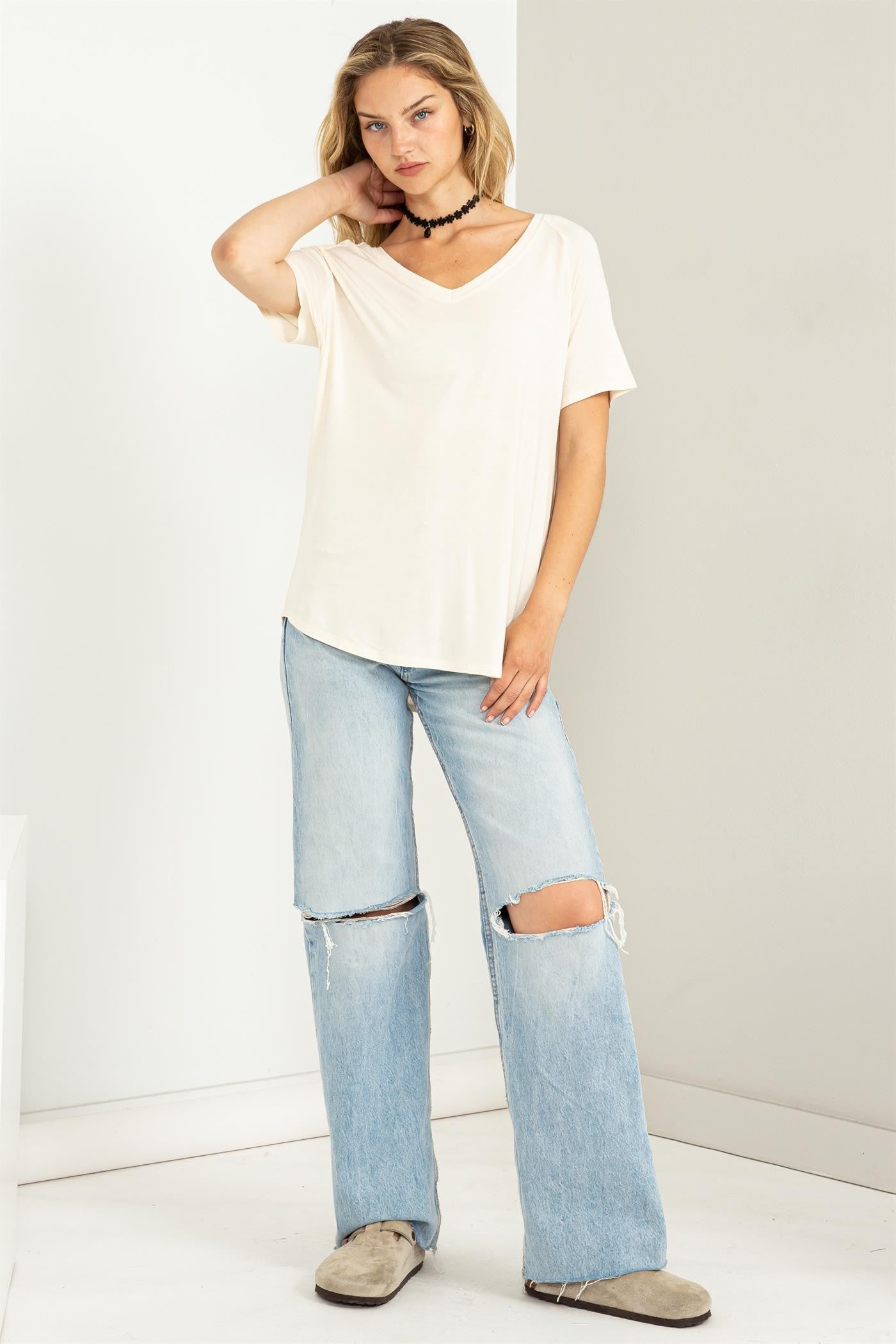 Cream Basic Soft Knit T-Shirt