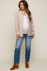 Taupe Plaid Stitched Button-Down Maternity Top
