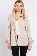 Taupe Plaid Stitched Button-Down Maternity Top