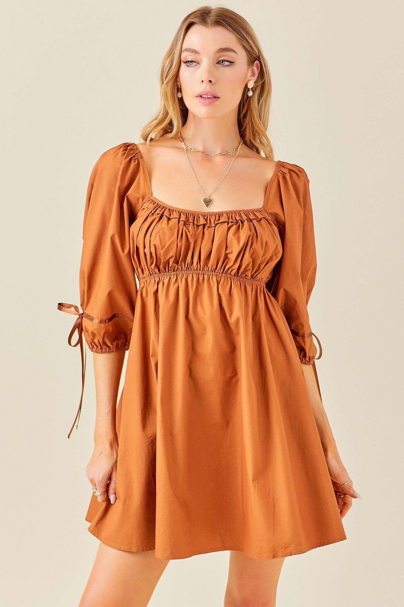 Rust Ruched Puff Sleeve Dress