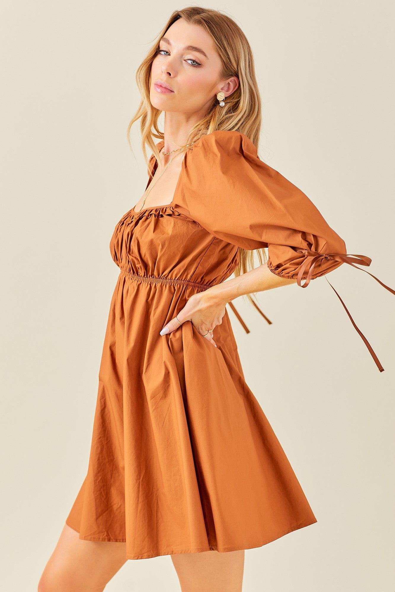 Rust Ruched Puff Sleeve Dress