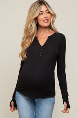 Black Button Front Long Sleeve Maternity Top