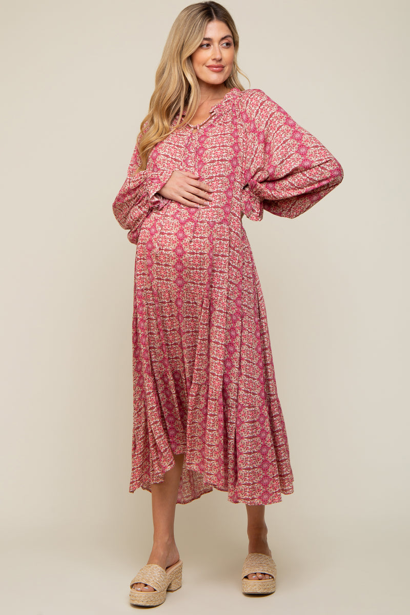 Pink Floral Front Tie Tiered Maternity Midi Dress – PinkBlush