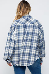 Navy Blue Flannel Plaid Button Up Maternity Plus Shacket