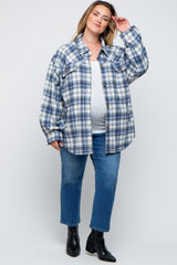 Navy Blue Flannel Plaid Button Up Maternity Plus Shacket