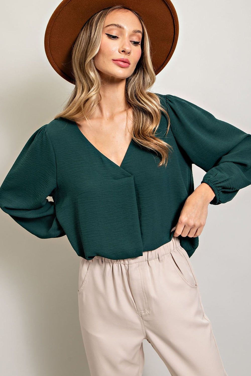 Forest Green Long Puff Sleeve Blouse Top