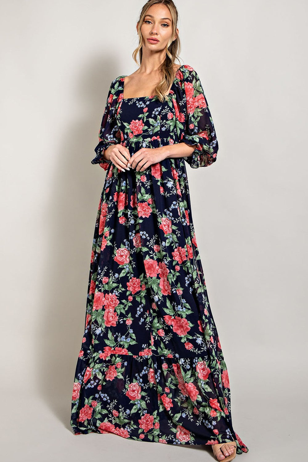 Navy Blue Floral Chiffon Square Neck 3/4 Ruffle Sleeve Maxi Dress Navy Blue Floral Chiffon Square Neck 3/4 Ruffle Sleeve Maxi Dress