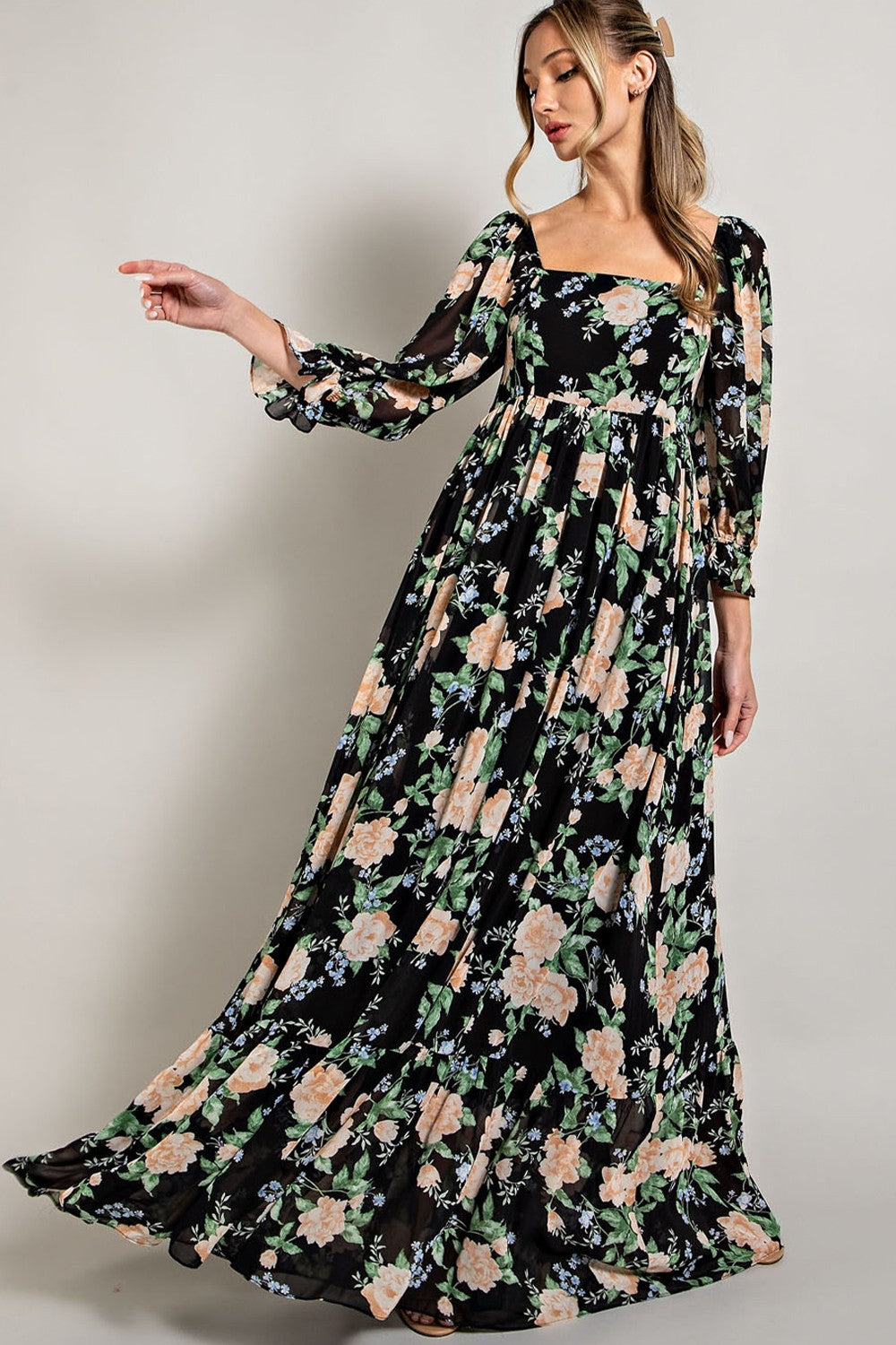 Black Floral Chiffon Square Neck 3/4 Ruffle Sleeve Maxi Dress Black Floral Chiffon Square Neck 3/4 Ruffle Sleeve Maxi Dress