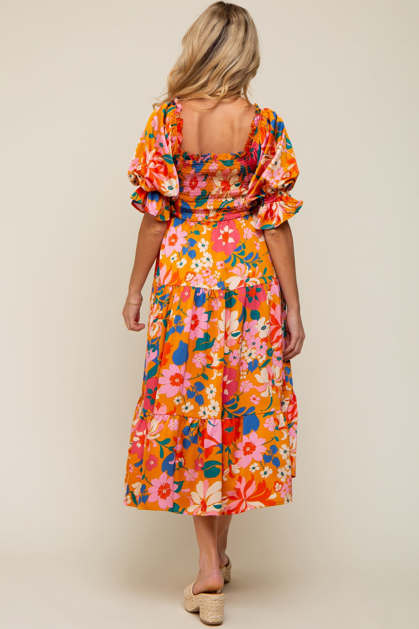 Orange Floral Satin Smocked Short Sleeve Maternity Midi Dress