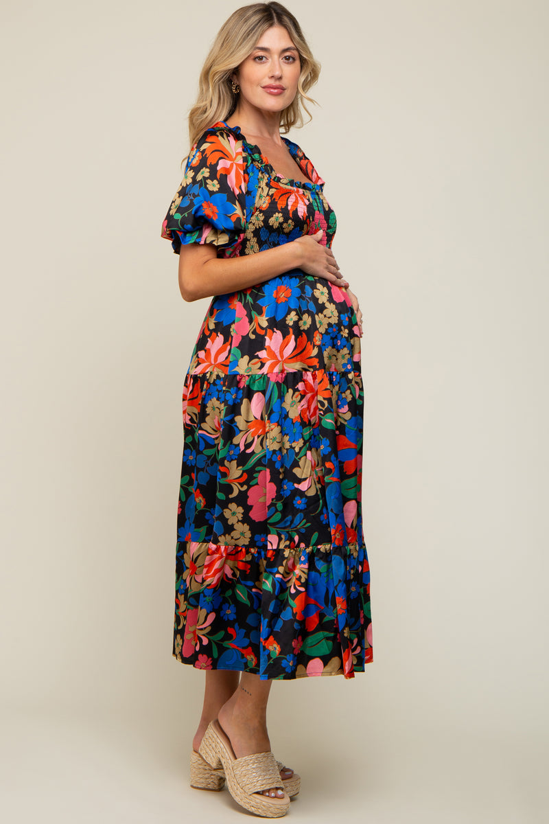 Black Floral Satin Smocked Short Sleeve Maternity Midi Dress– PinkBlush