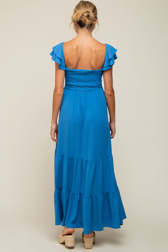Blue Smocked Ruffle Off Shoulder Tiered Maternity Maxi Dress