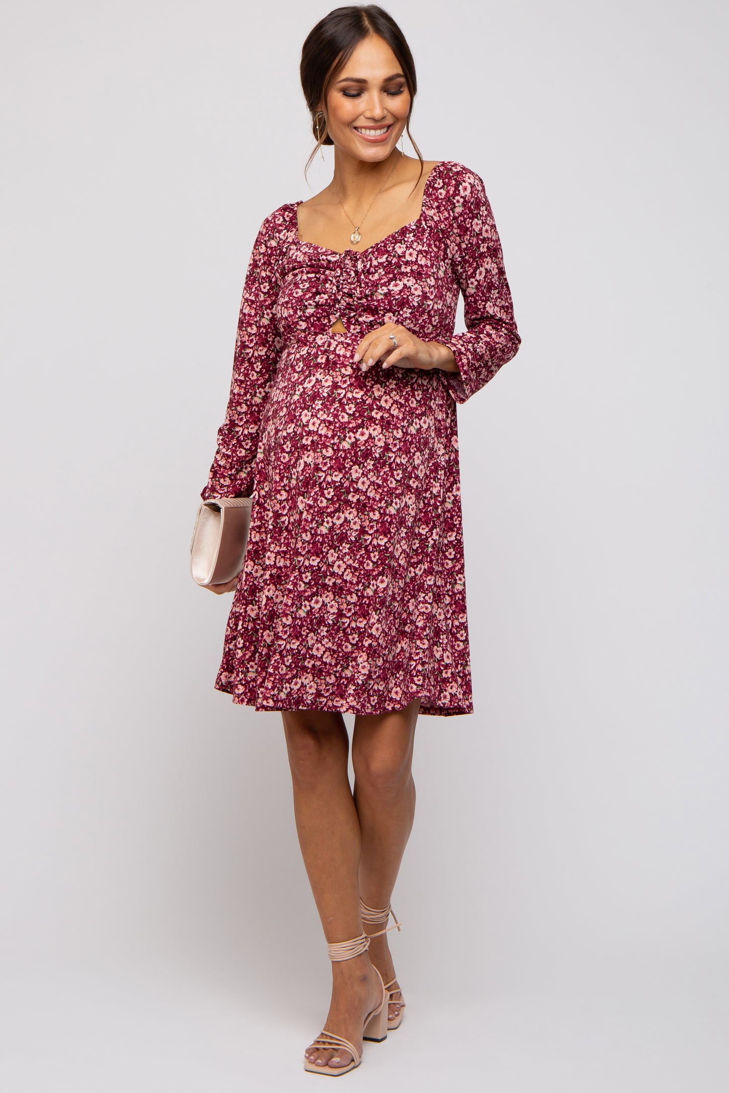 Burgundy Floral Ruched Long Sleeve Maternity Dress PinkBlush
