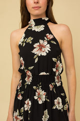 Black Floral Sleeveless Halter Neck Floral Print Dress