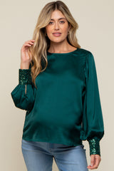 Forest Green Satin Sequin Cuff Maternity Blouse