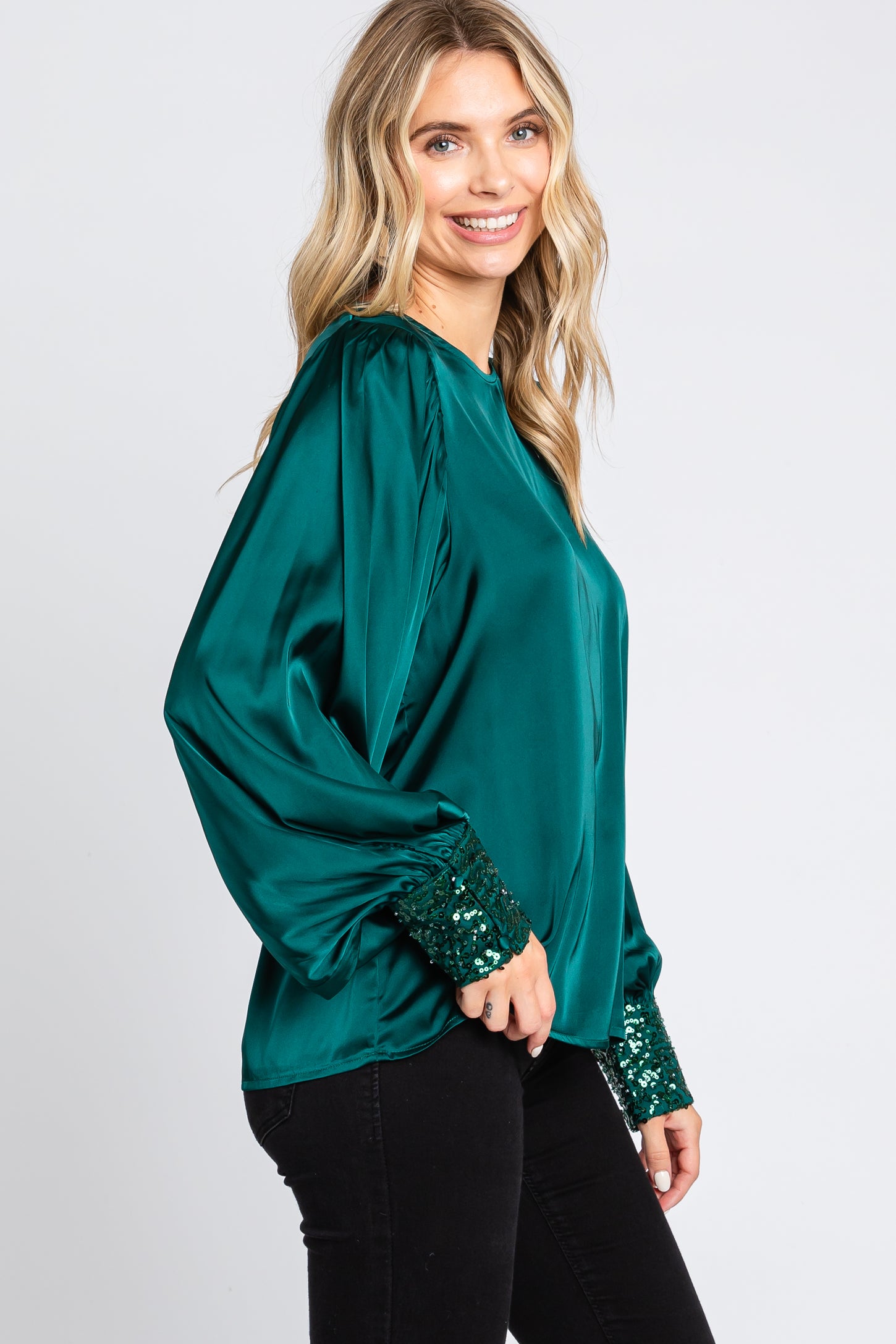 Forest Green Satin Sequin Cuff Blouse