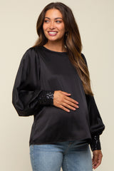 Black Satin Sequin Cuff Maternity Blouse