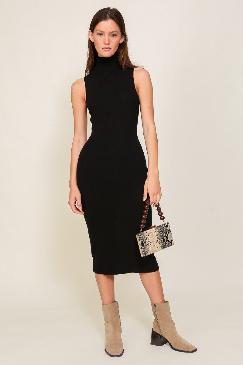 Black Knit Fitted Turtleneck Midi Dress Black Knit Fitted Turtleneck Midi Dress