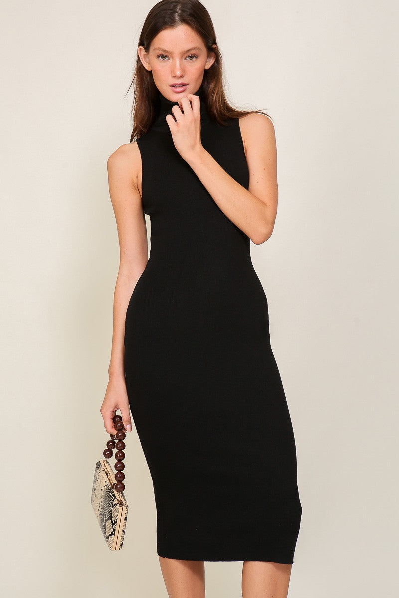 Black Knit Fitted Turtleneck Midi Dress Black Knit Fitted Turtleneck Midi Dress