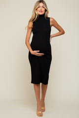 Black Knit Fitted Turtleneck Maternity Midi Dress