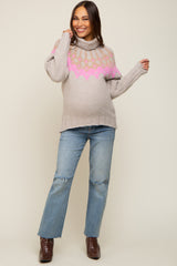 Beige Turtleneck Fair Isle Maternity Sweater