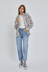 Cream Flannel Plaid Button Up Top