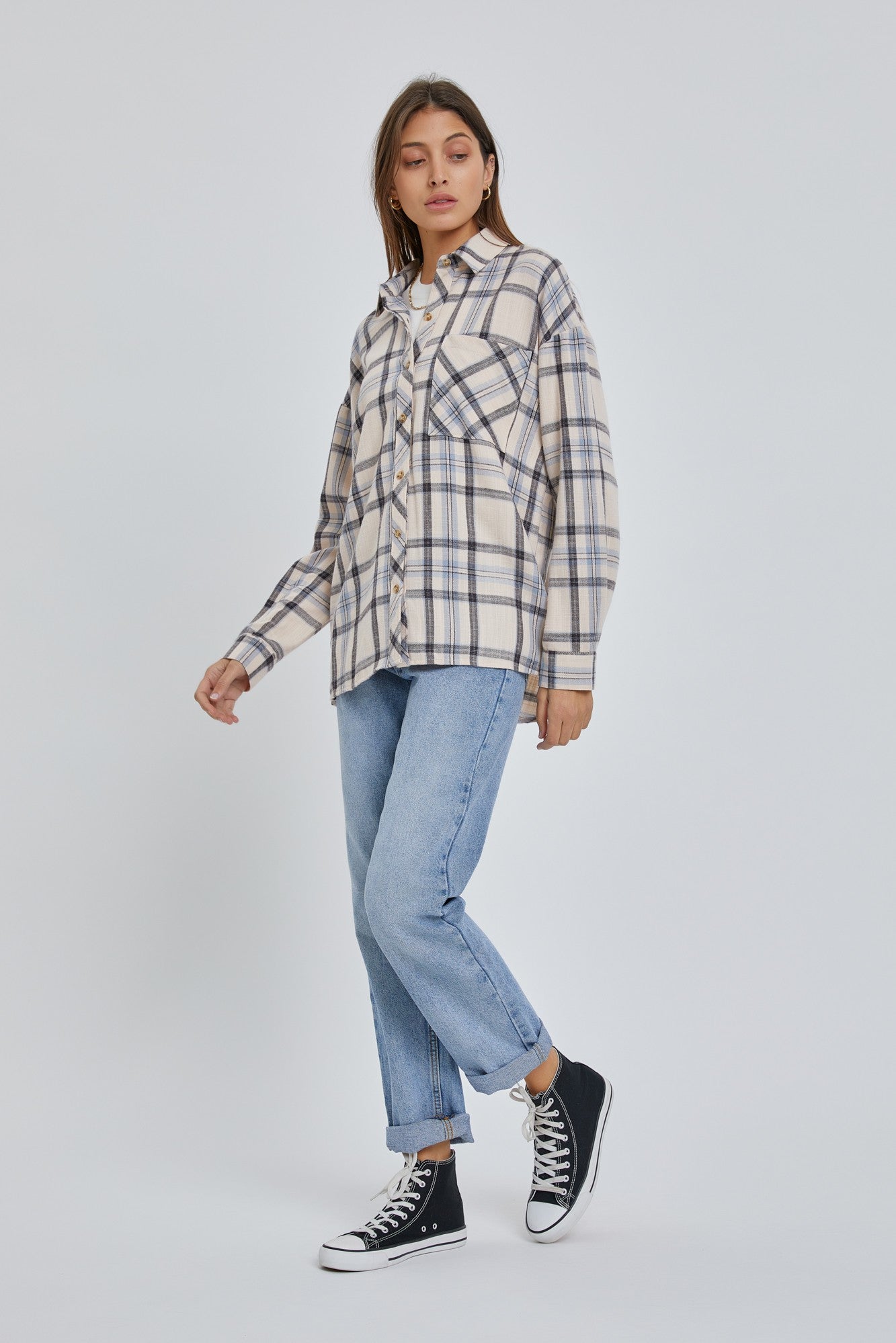 Cream Flannel Plaid Button Up Top